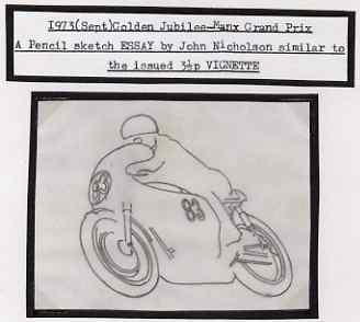 Isle of Man 1973 original pencil sketch artwork by John Nicholson for the 3.5p Golden Jubilee Tourist Trophy Races issue showing bike No. 83 (with fairing) plus imperf example of issued stamp - probably a normal with perfs trimmed off