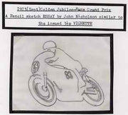 Isle of Man 1973 original pencil sketch artwork by John Nicholson for the 3.5p Golden Jubilee Tourist Trophy Races issue showing bike No. 83 (with fairing) plus imperf example of issued stamp - probably a normal with perfs trimmed off