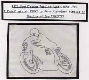 Isle of Man 1973 original pencil sketch artwork by John Nicholson for the 3.5p Golden Jubilee Tourist Trophy Races issue showing bike No. 83 (with fairing) plus imperf example of issued stamp - probably a normal with perfs trimmed off