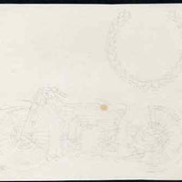 Isle of Man 1975 original pencil sketch artwork by John Nicholson for the 5.5p Tourist Trophy Races issue showing Douglas bike & Laurel Leaves (as issued but reversed) plus imperf example of issued stamp - probably a normal with p……Details Below