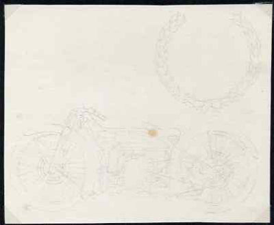 Isle of Man 1975 original pencil sketch artwork by John Nicholson for the 5.5p Tourist Trophy Races issue showing Douglas bike & Laurel Leaves (as issued but reversed) plus imperf example of issued stamp - probably a normal with p……Details Below