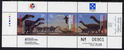 Micronesia 1994 Philakorea Stamp Exhibition - Dinosaurs composite perf sheetlet containing set of 3 values unmounted mint, SG 392-4