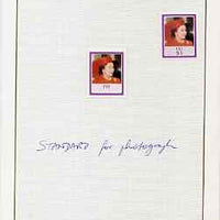 Fiji 1986 Queen’s 60th Birthday paste-up Proof in Format folder comprising the frame pasted over a photo-print of the issued $1 stamp but without value or Silver printing.,Complete with issued stamp, the proof is endorsed ‘Standar……Details Below
