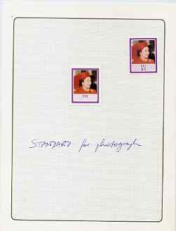 Fiji 1986 Queen’s 60th Birthday paste-up Proof in Format folder comprising the frame pasted over a photo-print of the issued $1 stamp but without value or Silver printing.,Complete with issued stamp, the proof is endorsed ‘Standar……Details Below