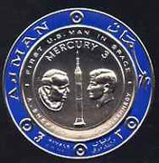 Ajman 1969 First Man on the Moon (4) Coin shaped 3r in silver foil showing Mercury 3, Sheperd & Kennedy unmounted mint, Mi 472