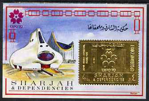 Sharjah 1970 EXPO Airmail 4r m/sheet in gold foil unmounted mint, Mi 612B