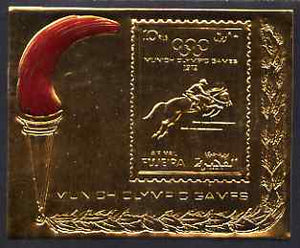 Fujeira 1972 Munich Olympic Games 10r Show-Jumping Airmail m/sheet embossed in gold foil unmounted mint as Mi BL 111A