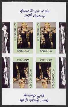 Angola 1999 Great People of the 20th Century - Marilyn Monroe imperf sheetlet containing 4 values (2 tete-beche pairs with Elvis in margin) unmounted mint. Note this item is privately produced and is offered purely on its thematic appeal