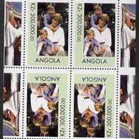 Angola 1999 Great People of the 20th Century - Princess Diana with Harry & William perf sheetlet containing 4 values (2 tete-beche pairs with the Pope in margin) unmounted mint