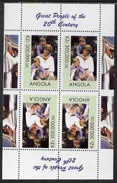 Angola 1999 Great People of the 20th Century - Princess Diana with Harry & William perf sheetlet containing 4 values (2 tete-beche pairs with the Pope in margin) unmounted mint
