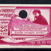 Peru 1937 Pictorial 25c (Jorge Chavez - Aviator) imperf colour proof in magenta with Waterlow & Sons security punch hole unmounted mint (as SG 627)
