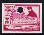 Peru 1937 Pictorial 25c (Jorge Chavez - Aviator) imperf colour proof in magenta with Waterlow & Sons security punch hole unmounted mint (as SG 627)
