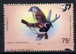Lesotho 1988 Birds 75s Cape Sparrow showing fine 3mm shift of horiz perfs (Country name partly at top & bottom) unmounted mint as SG 802*