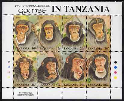 Tanzania 1992 Chimpanzees of the Gombe perf sheetlet containing 8 vertical values unmounted mint, as SG 1288-95