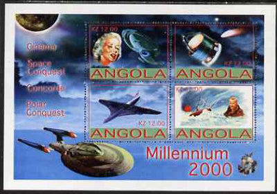 Angola 2000 Millennium perf sheetlet containing 4 values for Cinema, Concorde, Space & Polar Conquests unmounted mint