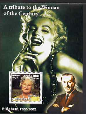 Somaliland 2002 A Tribute to the Woman of the Century #09 - The Queen Mother perf m/sheet also showing Walt Disney & Marilyn Monroe, unmounted mint