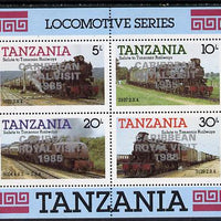 Tanzania 1985 Locomotives perf miniature sheet with 'Caribbean Royal Visit 1985' opt in silver (unissued) unmounted mint