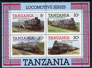 Tanzania 1985 Locomotives perf miniature sheet with 'Caribbean Royal Visit 1985' opt in silver (unissued) unmounted mint