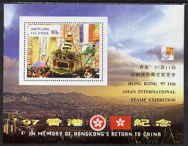 Shetland Islands 1997 Hong Kong Back to China perf m/sheet (80p value) with Hong Kong 97 Stamp Exhibition imprint unmounted mint