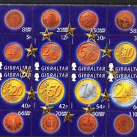 Gibraltar 2002 Introduction of Euro Currency perf sheetlet containing complete set of 8 values unmounted mint, SG MS 994