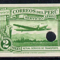 Peru 1937 Pictorial 2 sol (Mail Plane) imperf colour proof in green with Waterlow & Sons security punch hole (as SG 606)