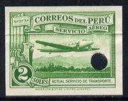 Peru 1937 Pictorial 2 sol (Mail Plane) imperf colour proof in green with Waterlow & Sons security punch hole (as SG 606)