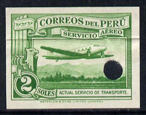Peru 1937 Pictorial 2 sol (Mail Plane) imperf colour proof in green with Waterlow & Sons security punch hole (as SG 606)