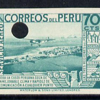 Peru 1937 Pictorial 70c (Plane over La Punta) imperf colour proof in blue-green with Waterlow & Sons security punch hole (as SG 602)