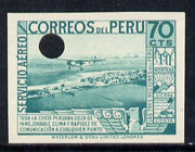 Peru 1937 Pictorial 70c (Plane over La Punta) imperf colour proof in blue-green with Waterlow & Sons security punch hole (as SG 602)