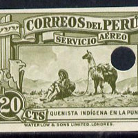 Peru 1937 Pictorial 20c (Recorder Player & Llama) imperf colour proof in olive with Waterlow & Sons security punch hole unmounted mint (as SG 598)