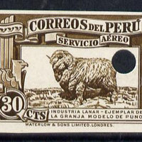 Peru 1937 Pictorial 30c (Ram) imperf colour proof in brown with Waterlow & Sons security punch hole (as SG 599) unmounted mint