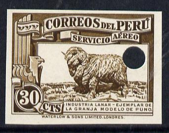 Peru 1937 Pictorial 30c (Ram) imperf colour proof in brown with Waterlow & Sons security punch hole (as SG 599) unmounted mint