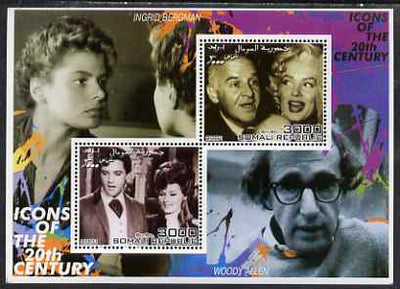 Somalia 2001 Icons of the 20th Century #05 - Elvis & Marilyn perf sheetlet containing 2 values with Ingrid Bergman & Woody Allen in background unmounted mint