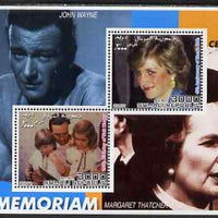 Somalia 2001 Icons of the 20th Century #13 - Diana & Walt Disney perf sheetlet containing 2 values with John Wayne & Margaret Thatcher in background unmounted mint