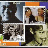 Somalia 2001 Icons of the 20th Century #07 - Elvis & Marilyn perf sheetlet containing 2 values with Dalai Lama & Brigitte Bardot in background unmounted mint