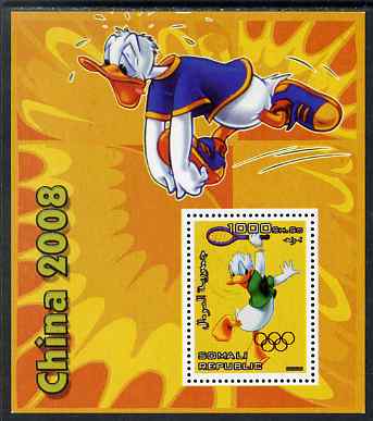 Somalia 2006 Beijing Olympics (China 2008) #04 - Donald Duck Sports - Running & Tennis perf souvenir sheet unmounted mint with Olympic Rings overprinted on stamp