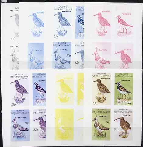 Shetland Islands 1995 Birds imperf sheetlet of 4, the set of 7 imperf progressive proofs comprising the 4 individual colours plus 2, 3 and all 4-colour composites, unmounted mint