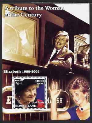 Somaliland 2002 A Tribute to the Woman of the Century #10 - The Queen Mother perf m/sheet also showing Walt Disney (on Train) & Diana, unmounted mint
