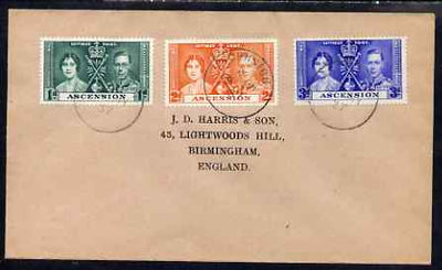 Ascension 1937 KG6 Coronation set of 3 on cover with first day cancel addressed to the forger, J D Harris.,Harris was imprisoned for 9 months after Robson Lowe exposed him for applying forged first day cancels to Coronation covers……Details Below