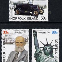 Norfolk Island 1986 'Ameripex' Stamp Exhibition (Car & Statue of Liberty) set of 3 unmounted mint, SG 385-87
