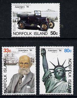 Norfolk Island 1986 'Ameripex' Stamp Exhibition (Car & Statue of Liberty) set of 3 unmounted mint, SG 385-87