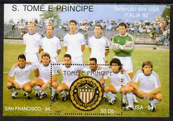 St Thomas & Prince Islands 1990 Football World Cup 50Db perf m/sheet (USA Team & Emblem) unmounted mint. Note this item is privately produced and is offered purely on its thematic appeal
