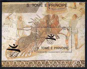 St Thomas & Prince Islands 1989 Barcelona '92 50Db m/sheet (Greek Chariot Race) unmounted mint