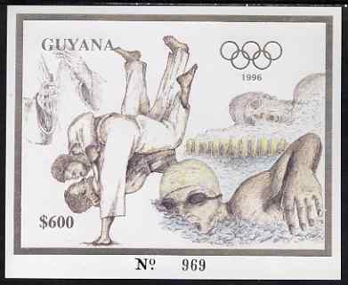 Guyana 1996 Atlanta Olympic Games imperf deluxe $600 sheet (inscriptions in silver) showing Judo & Swimming, unmounted mint Mi BL 321