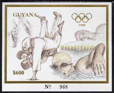 Guyana 1996 Atlanta Olympic Games imperf deluxe $600 sheet (inscriptions in gold) showing Judo & Swimming, unmounted mint Mi BL 322