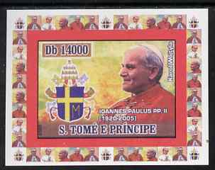 St Thomas & Prince Islands 2007 Popes individual imperf deluxe sheet #3 showing Pope John Paul II (1920-2005) unmounted mint. Note this item is privately produced and is offered purely on its thematic appeal