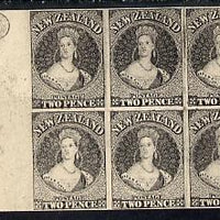 New Zealand 1855 Chalon Head 2d Hausberg's imperf proof block of 6 in black on white card, very fine