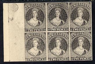 New Zealand 1855 Chalon Head 2d Hausberg's imperf proof block of 6 in black on white card, very fine