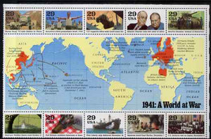 United States 1991 US Participation in WW2 - 1st issue - 1941 A world at War perf sheetlet containing 10 values plus large label unmounted mint, SG 2620a