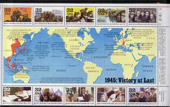 United States 1995 US Participation in WW2 - 5th issue - 1945 Victory at Last perf sheetlet containing 10 values plus large label unmounted mint, SG 3111a